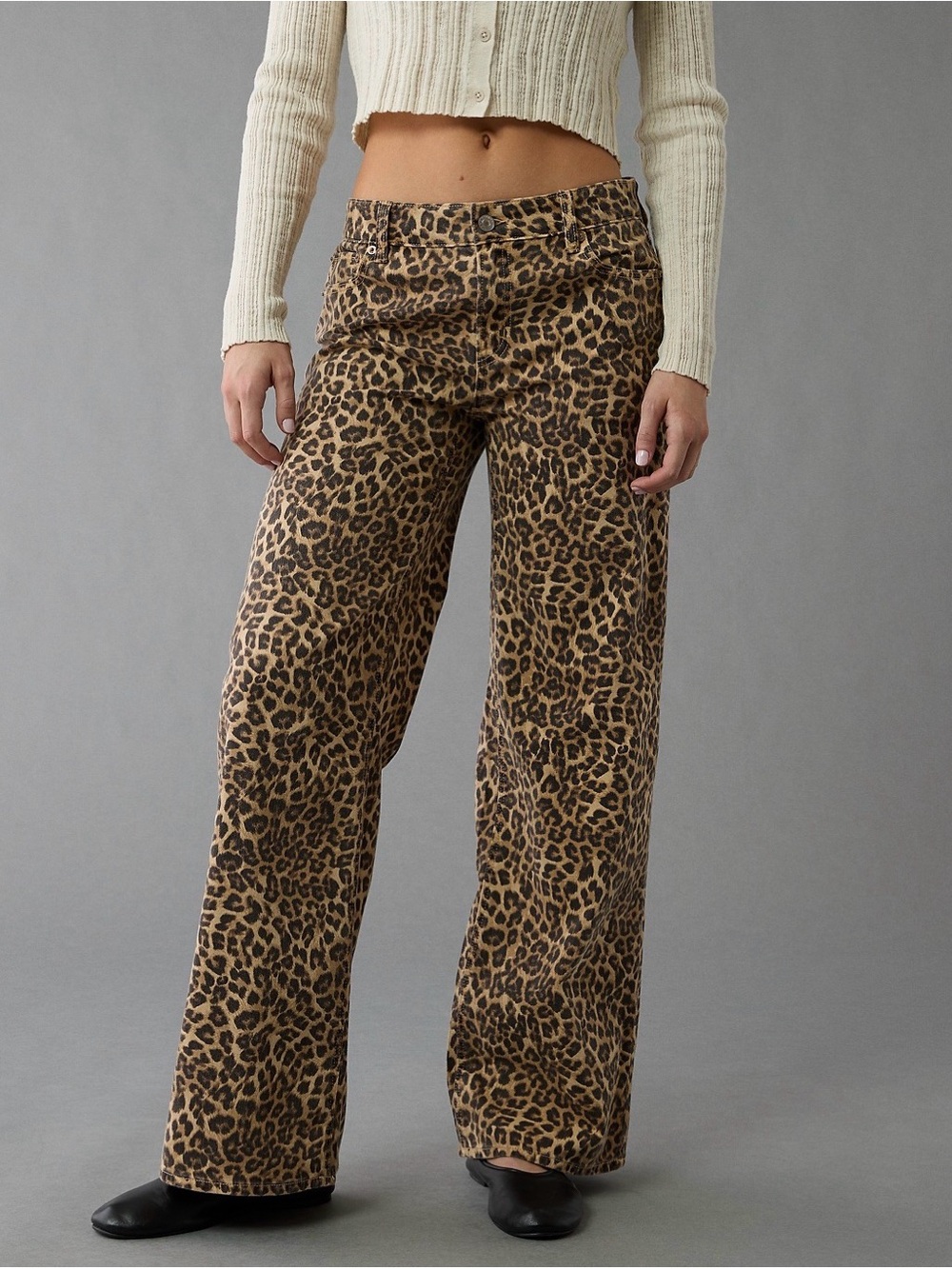 American Eagle Stretch Leopard Low-Rise Baggy Wide-Leg Pants